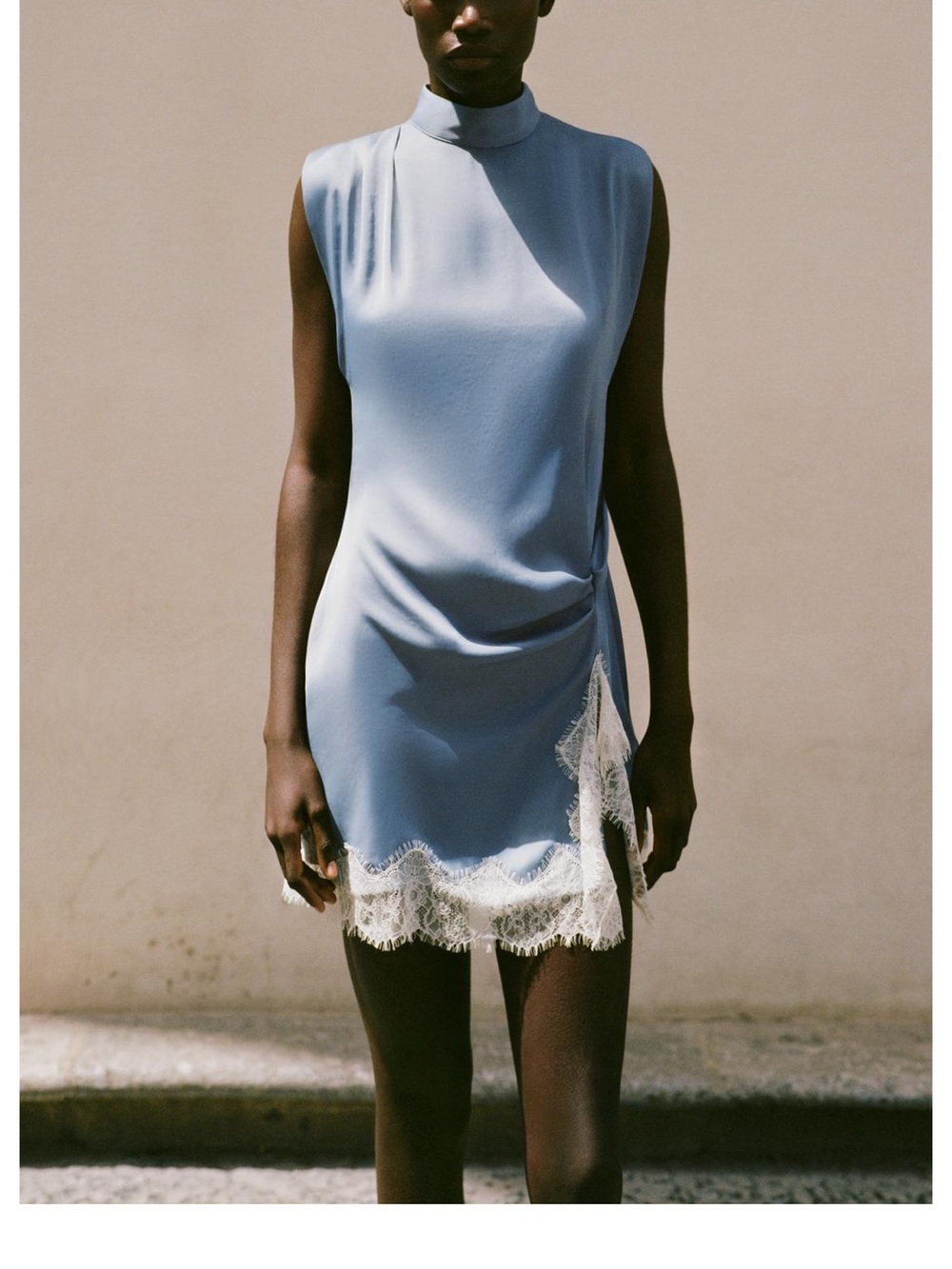 Zara Sleeveless Mini Dress in Light Blue with White Lace